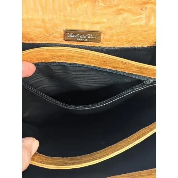 Scuola Del Cuoio Ostrich Leather Caramel Brown Flap Handbag Purse Firenze Italy - Picture 10 of 16